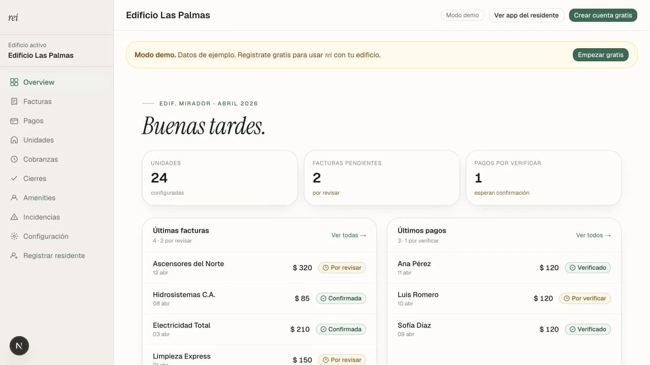 Panel de REI con unidades, facturas, pagos y acciones del edificio