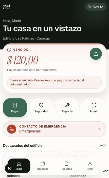Portal del residente con saldo, pago, historial y reportes