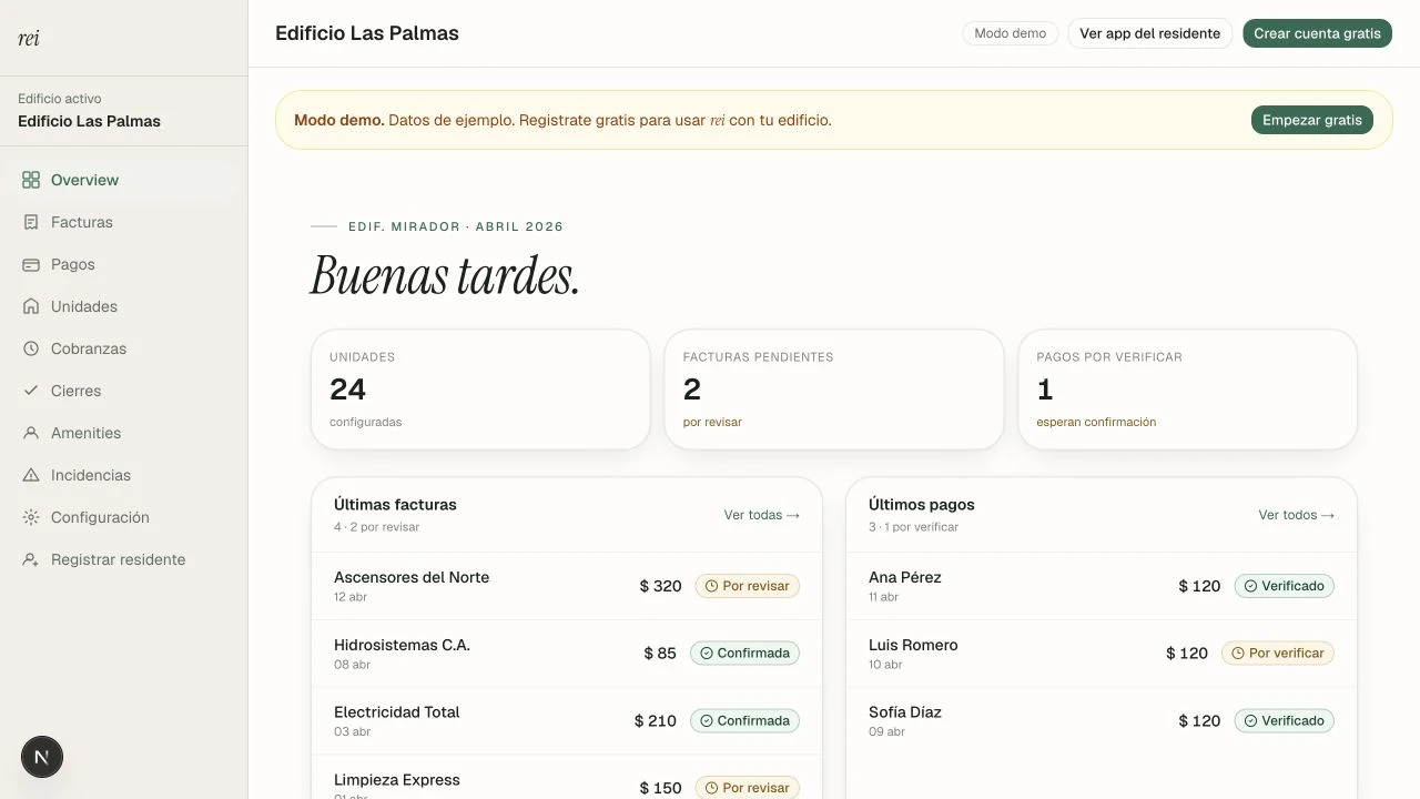 Panel real de rei con resumen de unidades, facturas, pagos y acciones rápidas del edificio.