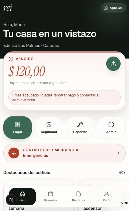 Portal real del residente con saldo pendiente, accesos a pago, seguridad, reportes y administración.